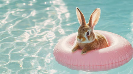 Small bunny with fluffy ears floating calmly in a pool on a soft pink inflatableの素材