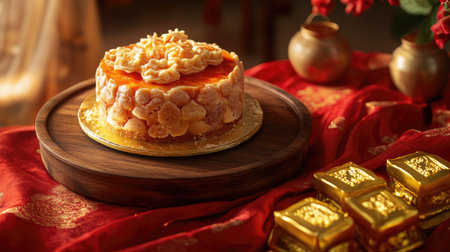 Fortune-themed Nian Gao cake on a wooden platter, red tablecloth, and golden ingots symbolizing wealthの素材
