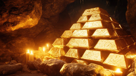 Golden ingots form a pyramid in a mysterious, candle-lit underground treasure roomの素材
