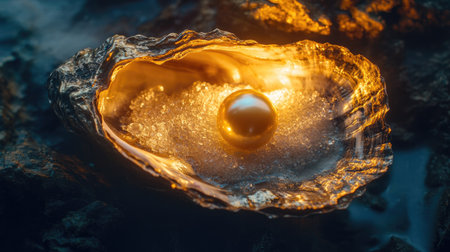 Luxurious golden pearl inside a detailed oyster shell, illuminated by soft lightの素材
