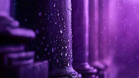 Dreamy dewdrops glistening on ancient pillars bathed in soft violet illuminationの素材