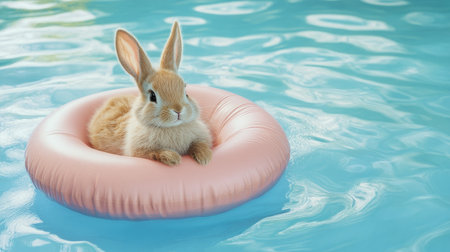 Small bunny with fluffy ears floating calmly in a pool on a soft pink inflatableの素材