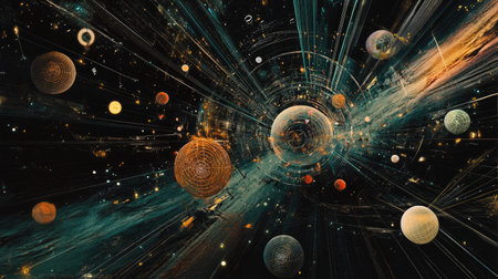 Spherical data points forming a web of technology-driven connections in spaceの素材