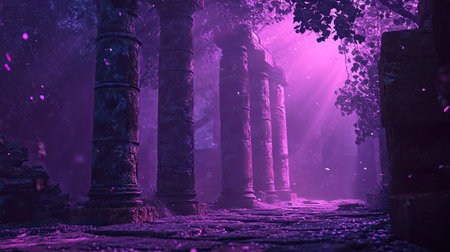 Dreamy dewdrops glistening on ancient pillars bathed in soft violet illuminationの素材