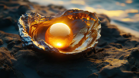 Luxurious golden pearl inside a detailed oyster shell, illuminated by soft lightの素材