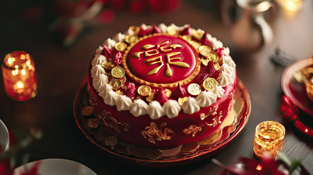 Steamed Chinese New Year cake with a red "Fu" symbol, surrounded by lucky coins and golden decorationsの素材