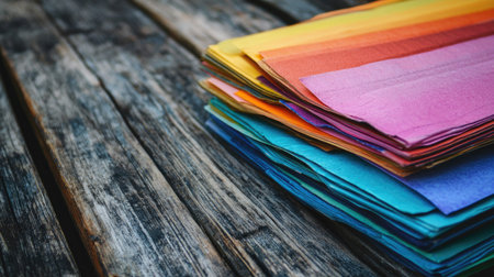 Neatly stacked colorful papers arranged on a rustic wooden table. Vibrant hues contrasting natural wood grainの素材