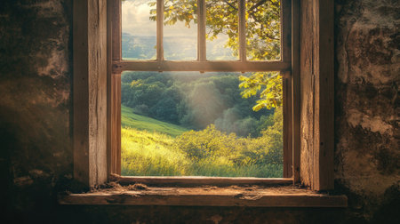 Sunlight pours through a vintage wooden window overlooking a lush green countrysideの素材