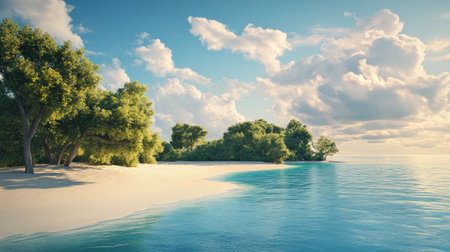Peaceful island setting with dense green trees, soft white sand, and a calm turquoise sea stretching to the horizonの素材