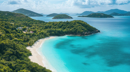 Peaceful island setting with dense green trees, soft white sand, and a calm turquoise sea stretching to the horizonの素材