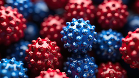 Red and blue spherical coronavirus particles with spike proteins, floating in a medical research settingの素材