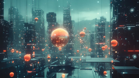 Futuristic network visualization with interconnected digital nodes and orbsの素材