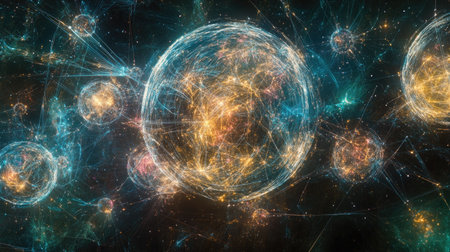 Spherical data points forming a web of technology-driven connections in spaceの素材