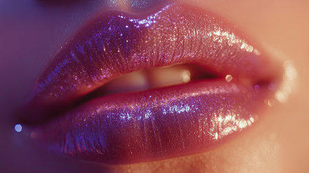 Macro shot of smooth, glittery pink lips with a flawless, glossy sheenの素材