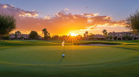 Golf ball on a putting green with a warm sunset glow over a quiet residential golf courseの素材