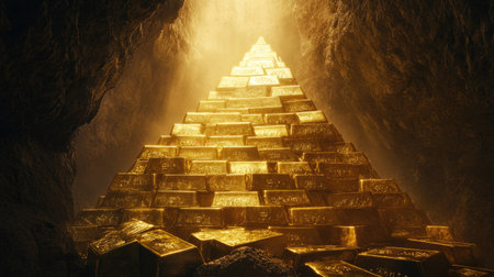 Hidden treasure chamber reveals a towering pyramid of shining gold barsの素材