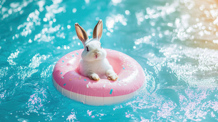 Playful bunny relaxing on a pink donut-shaped float, surrounded by rippling blue waterの素材