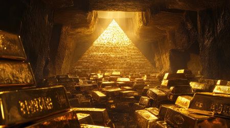 Hidden treasure chamber reveals a towering pyramid of shining gold barsの素材