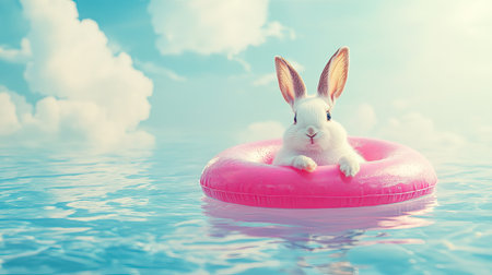 Happy bunny in a round pink swim ring, drifting on clear water under a bright summer skyの素材
