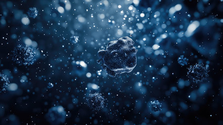 High-resolution 3D illustration of floating coronavirus particles in a dark blue backgroundの素材