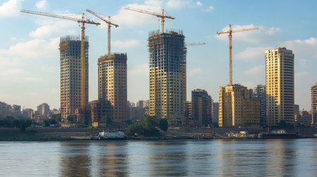 High-rise buildings under construction along the Nile River, cranes towering over the city skylineの素材