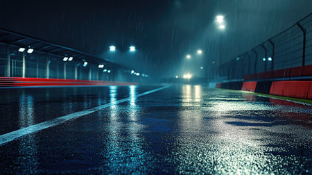 Rain-slicked pavement glows under floodlights, as a thrilling race unfolds on the soaked trackの素材