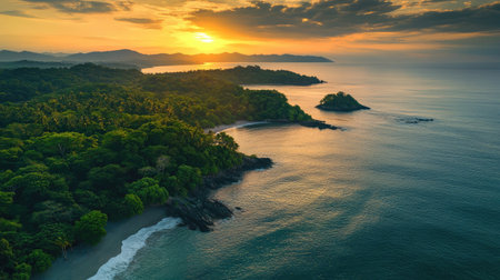 Idyllic island escape with dense green foliage, gentle waves, and a soft golden glow at sunset. Pure paradiseの素材