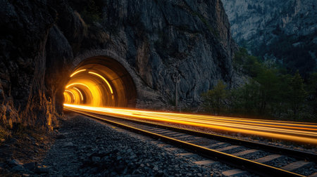 Long-exposure shot of glowing railway tracks winding through a tunnel in a scenic mountain landscapeの素材