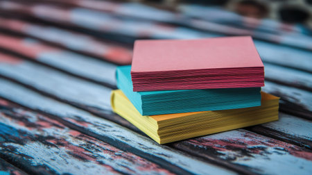 Vibrant stacked papers in various shades resting on a textured wooden table, forming a simple yet striking displayの素材