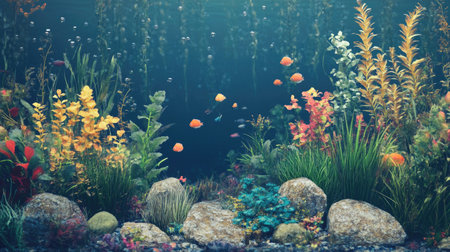 Vibrant underwater scene featuring delicate plants, decorative stones, and small tropical fishの素材