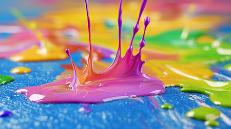 Vivid acrylic paint drips and splashes captured in high-speed detail on a textured surface3の素材