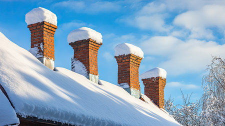 Traditional red brick chimneys rise above a snow-covered roof under a crisp winter blue skyの素材