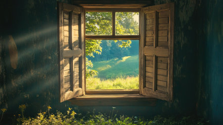 Sunlight pours through a vintage wooden window overlooking a lush green countrysideの素材