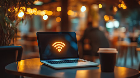 Warm cafe ambiance with a laptop open on the table, WiFi symbol glowing on screenの素材