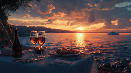 Sunset casts a warm glow over a romantic seaside dinner with wine and fresh seafoodの素材