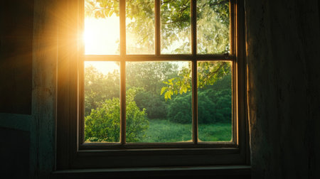 Sunlight pours through a vintage wooden window overlooking a lush green countrysideの素材