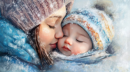 Tender moment of a mother kissing her baby forehead, both wrapped in cozy winter clothingの素材