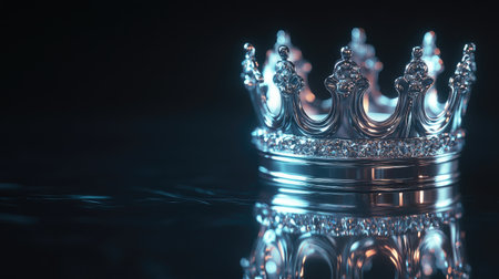 A stunning silver crown adorned with sparkling gems, beautifully reflecting on a serene water surface, capturing elegance and royalty in a captivating light.の素材