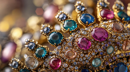 This stunning close-up showcases a luxurious crown adorned with vibrant gemstones, highlighting intricate details and sparkling brilliance for a captivating effect.の素材