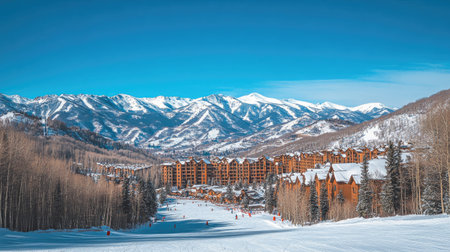 A picturesque winter scene showcasing a mountain resort with skiers enjoying the slopes. Surrounded by towering peaks and a clear blue sky, the landscape invites adventure and relaxation.の素材