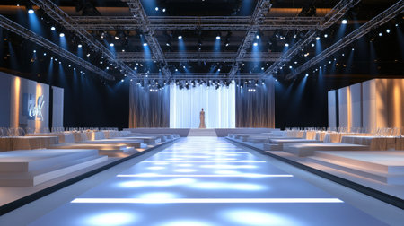 Captivating fashion show stage featuring dramatic lighting, sleek runway, and elegant design, perfect for showcasing models and high-end apparel.の素材