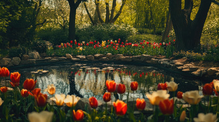 A picturesque garden scene featuring vibrant tulips surrounding a tranquil pond. The soft light reflects in the water, enhancing the serene beauty of nature.の素材