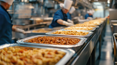 Experienced chefs work diligently in a modern industrial kitchen, preparing large quantities of food for service. Bright stainless steel surfaces reflect the organized bustle of culinary activity.の素材