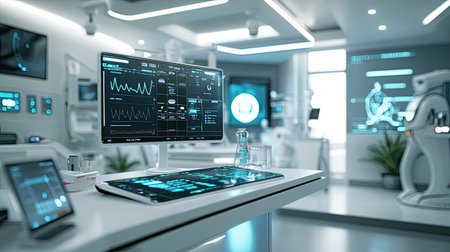 A modern medical laboratory featuring advanced technology and equipment. The scene showcases digital interfaces, monitors, and sterile workspace, illustrating innovation in healthcare.の素材