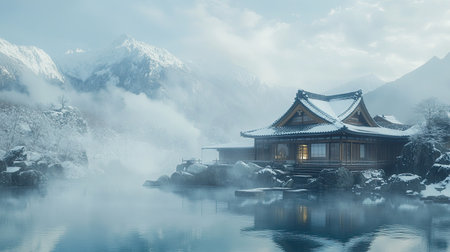 A picturesque winter scene featuring a traditional wooden house beside a tranquil lake, surrounded by snow-capped mountains and atmospheric fog, evoking peace and serenity.の素材