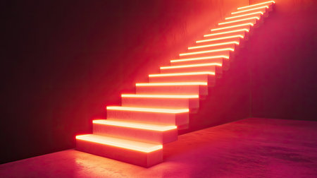 A captivating image of neon lighted stairs in a modern interior setting. The glowing steps create a vibrant atmosphere against a dark background, enhancing the design's aesthetic appeal.の素材