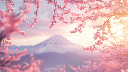 Experience the tranquil beauty of cherry blossoms framing Mount Fuji in a stunning pastel landscape, evoking peace and the essence of spring.の素材