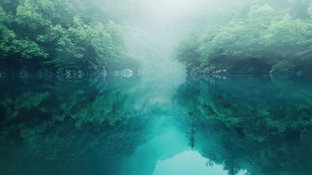 This tranquil scene features a mist-covered lake surrounded by vibrant green trees, creating a peaceful atmosphere perfect for nature lovers and photographers.の素材