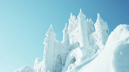 A stunning ice castle towers majestically against a clear blue sky, showcasing intricate carvings and frozen beauty, embodying a magical winter wonderland scene.の素材