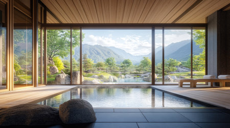 Experience the tranquility of this serene indoor pool, featuring expansive windows that reveal stunning mountain views. A perfect blend of nature and design.の素材